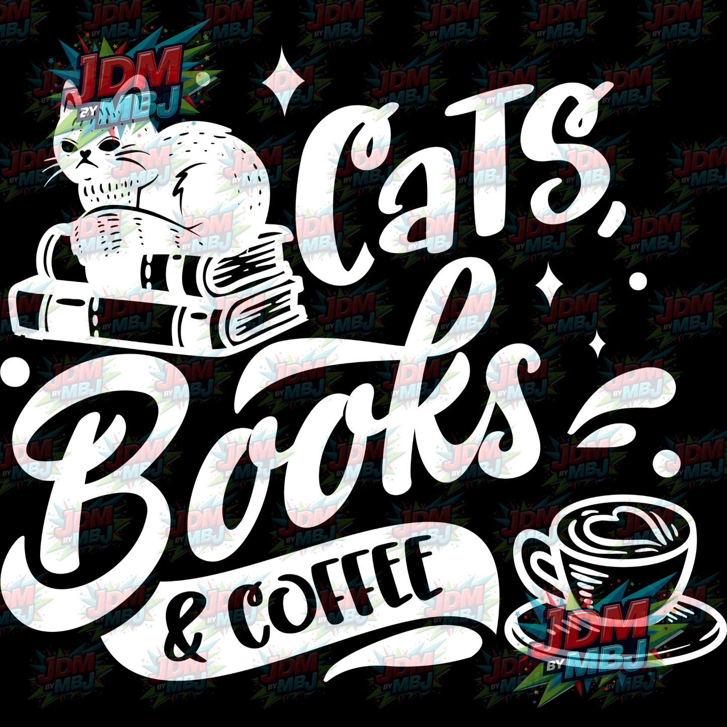 Iron On - Cats, Books & Coffee DTF 20cm
