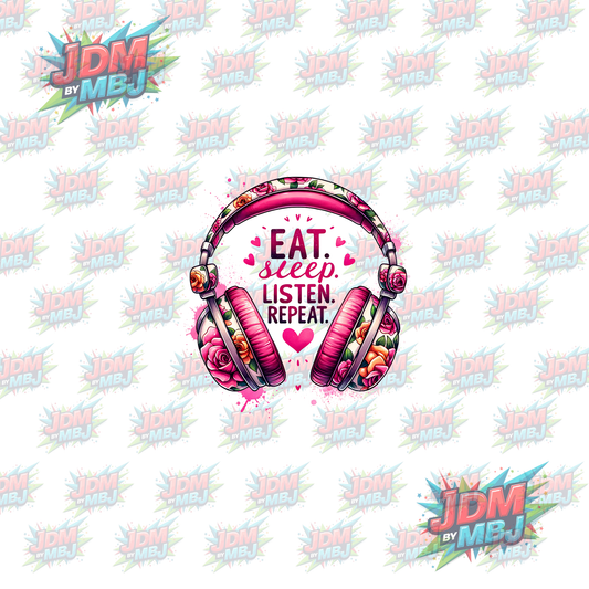 Iron On - Eat, Sleep, Listen, Repeat "Colourful" DTF 20cm