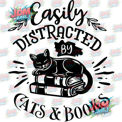 Iron On - Easily Distracted by Cats & Books DTF 20cm