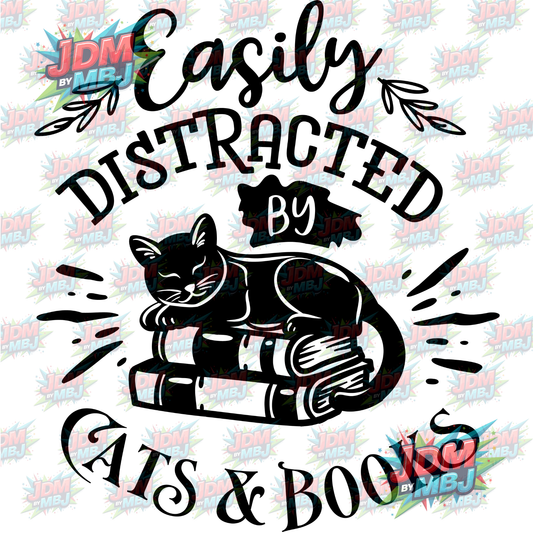 Iron On - Easily Distracted by Cats & Books DTF 20cm