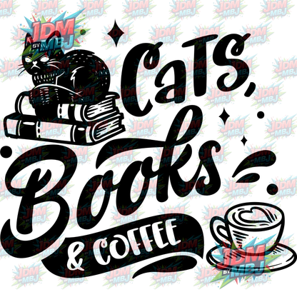 Iron On - Cats, Books & Coffee DTF 20cm
