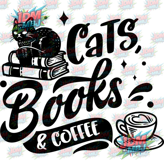 Iron On - Cats, Books & Coffee DTF 20cm