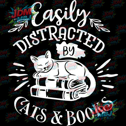 Iron On - Easily Distracted by Cats & Books DTF 20cm