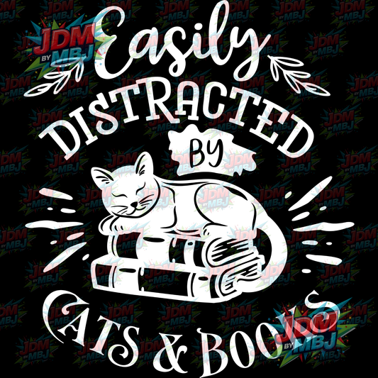 Iron On - Easily Distracted by Cats & Books DTF 20cm