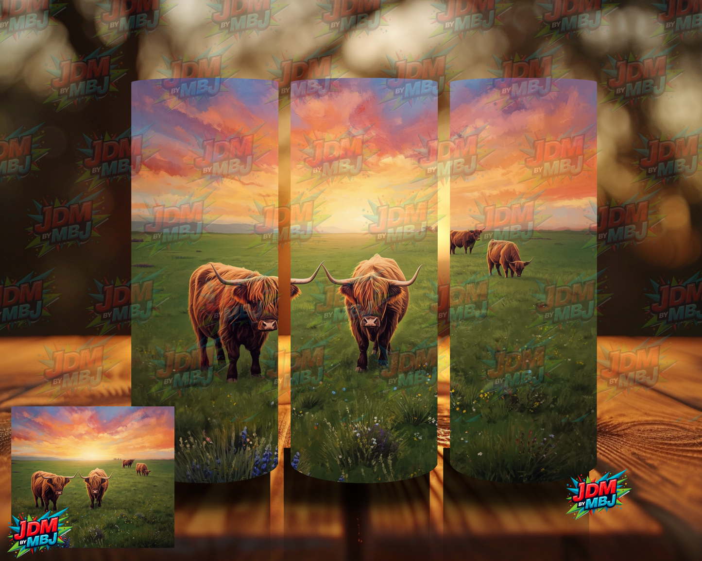 Four Highland Cow on a Hill Sublimation Prints