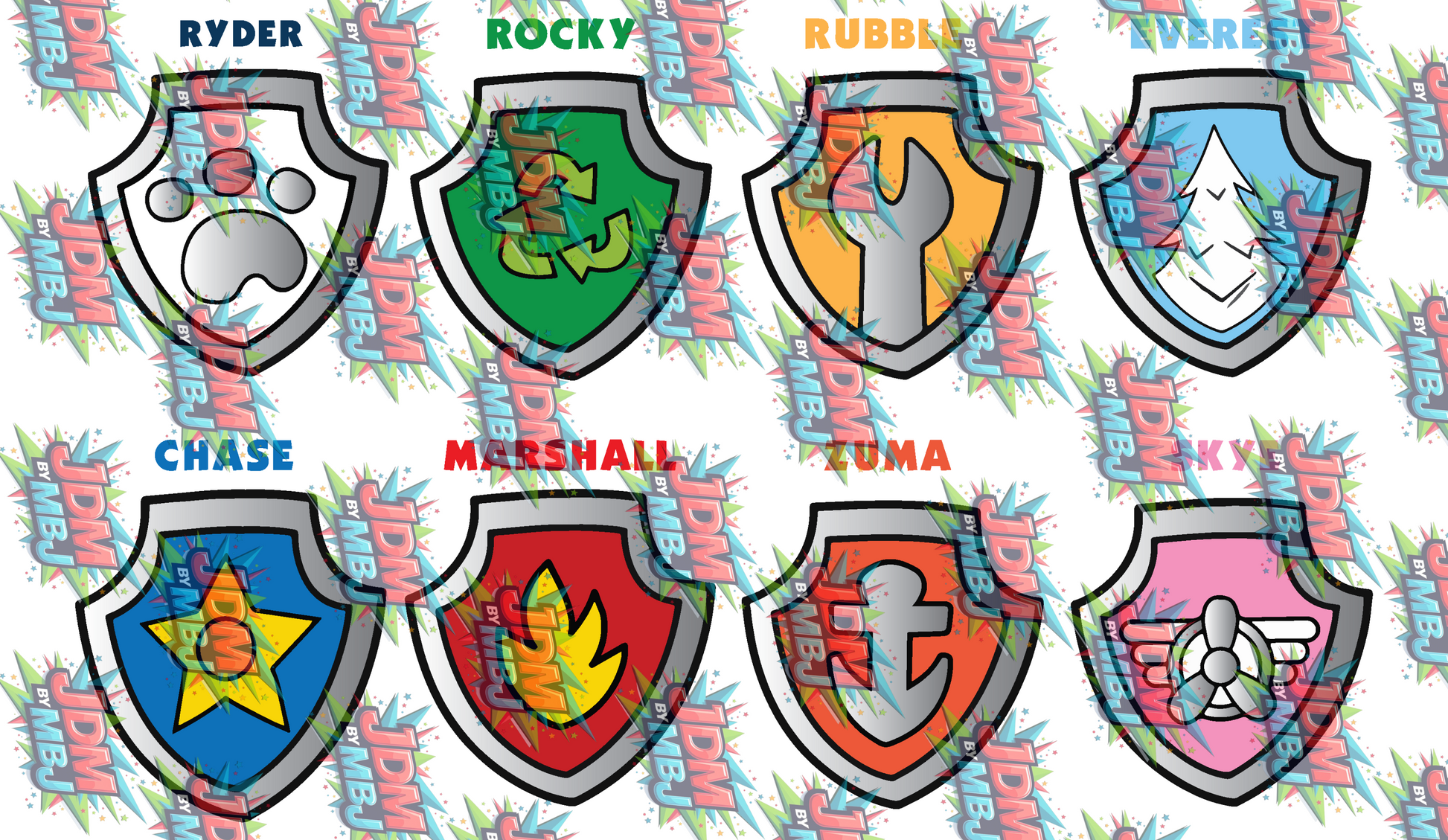 A sheet of eight colorful shield-shaped stickers featuring cartoon characters and names including JDM, MBJ, Rocky, Marshall, Ryder, Chase, and Rubble, set against a white background with a repeating JDM By MBJ watermark.