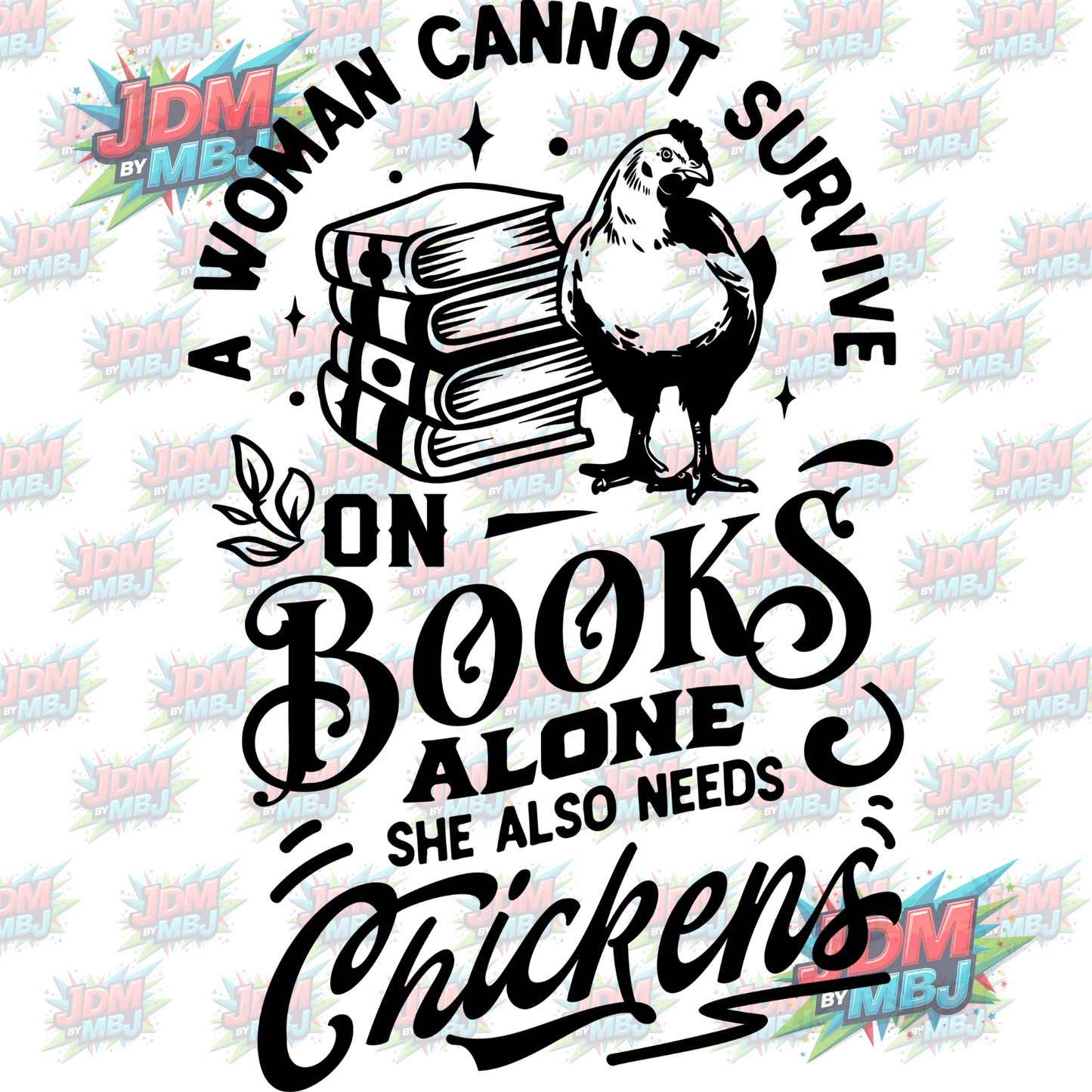 Iron On - A Woman Cannon Survivor on Books Alone, Chickens... DTF 20cm