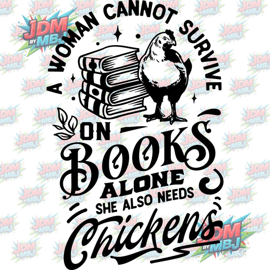 Iron On - A Woman Cannon Survivor on Books Alone, Chickens... DTF 20cm