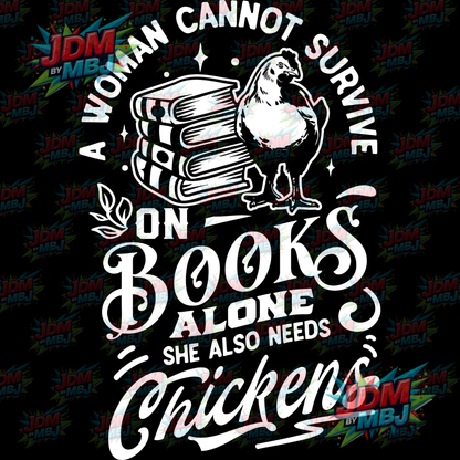 Iron On - A Woman Cannon Survivor on Books Alone, Chickens... DTF 20cm