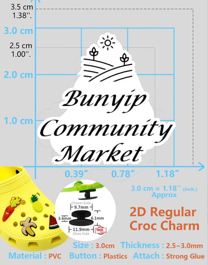 A digital image of a shoe charm featuring an animated chicken character with a red comb and black hands, popping out from a shoe resembling a television set. Units of measurement are shown around the image for scale.