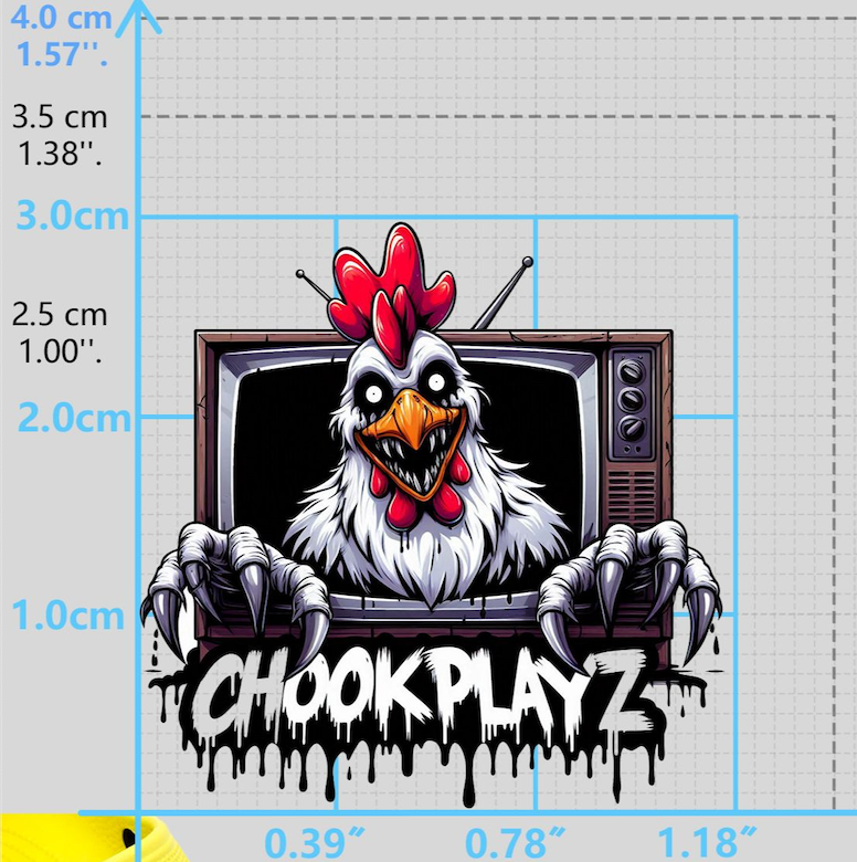 A digital image of a shoe charm featuring an animated chicken character with a red comb and black hands, popping out from a shoe resembling a television set. Units of measurement are shown around the image for scale.