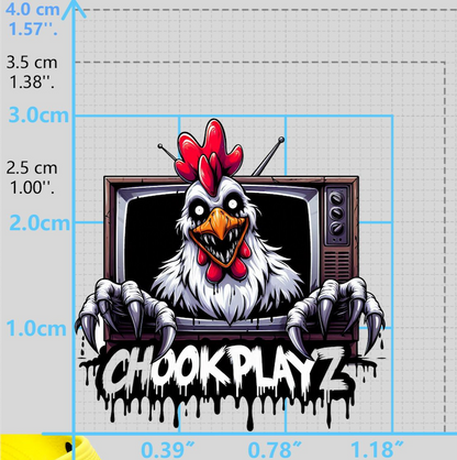 A digital image of a shoe charm featuring an animated chicken character with a red comb and black hands, popping out from a shoe resembling a television set. Units of measurement are shown around the image for scale.